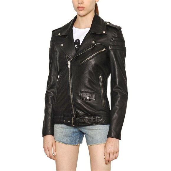 BLK DNM Motorcycle Biker Black Leather Belted Zipper Detail Jacket - Picture 9 of 10